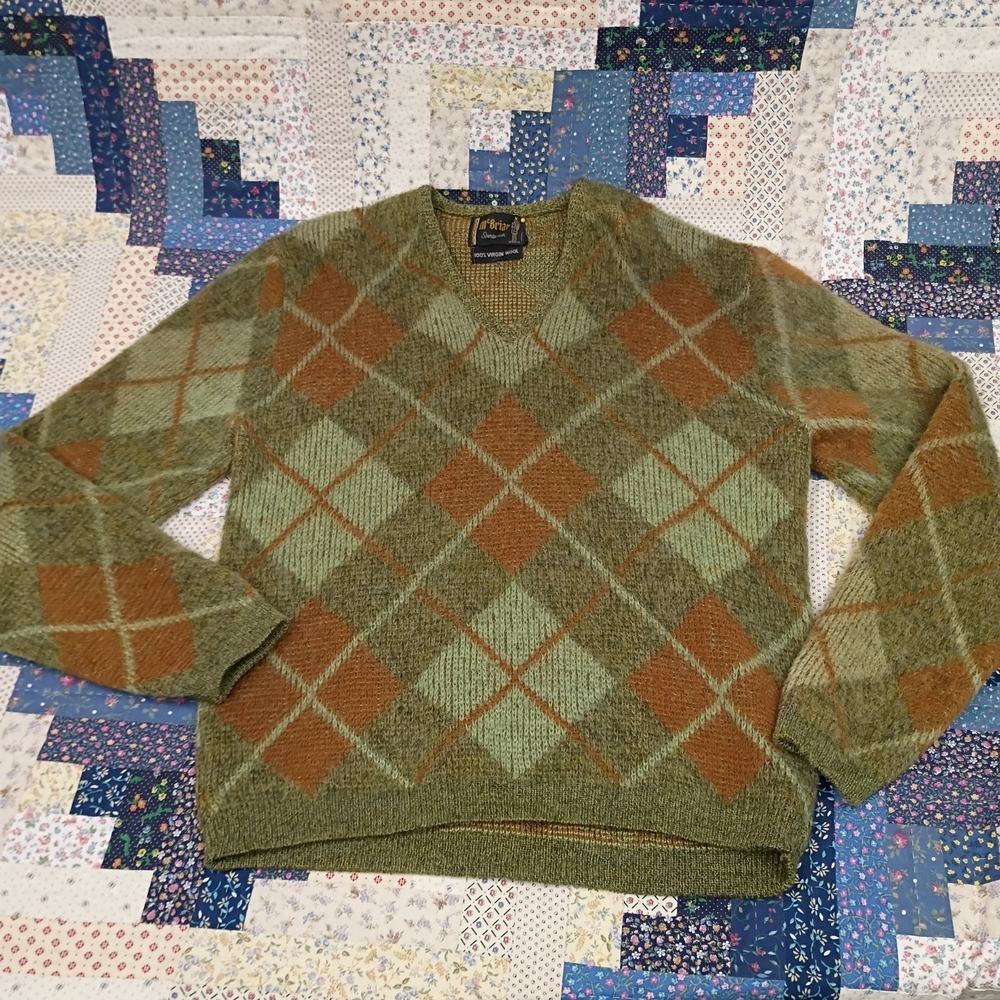 Vintage McBriar Sportswear V Neck Virgin Wool Sweater‎ Diamond Argyle 60s 70s